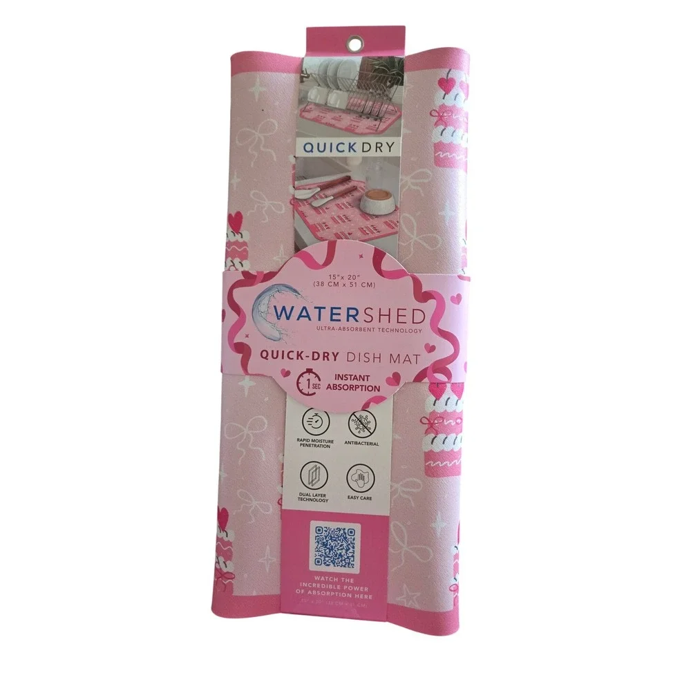 Watershed Quick-Dry Dish Mat‎ Pink Cake Heart Cherry Ultra-Absorbent 15x20 NEW